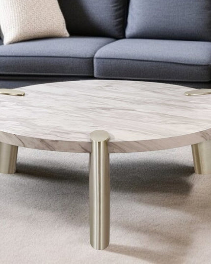 48" White and Silver Marble and Stainless Steel Round Coffee Table