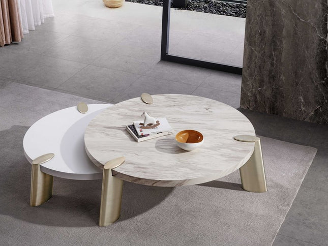 40" White And Gold Stainless Steel Round Coffee Table