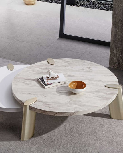 40" White And Gold Stainless Steel Round Coffee Table