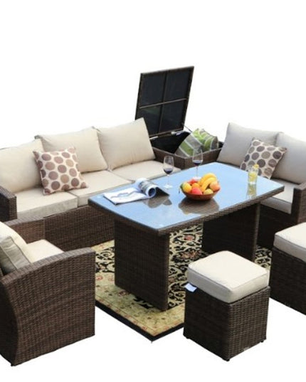 179.85" X 31.89" 32.68" Brown 7Piece Steel Outdoor Sectional Sofa Set With Ottomans And Storage Box