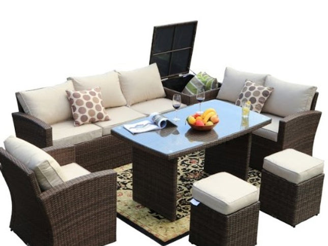 179.85" X 31.89" 32.68" Brown 7Piece Steel Outdoor Sectional Sofa Set With Ottomans And Storage Box