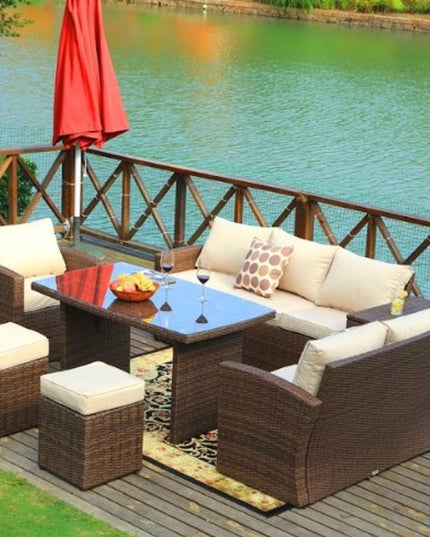 179.85" X 31.89" 32.68" Brown 7Piece Steel Outdoor Sectional Sofa Set With Ottomans And Storage Box