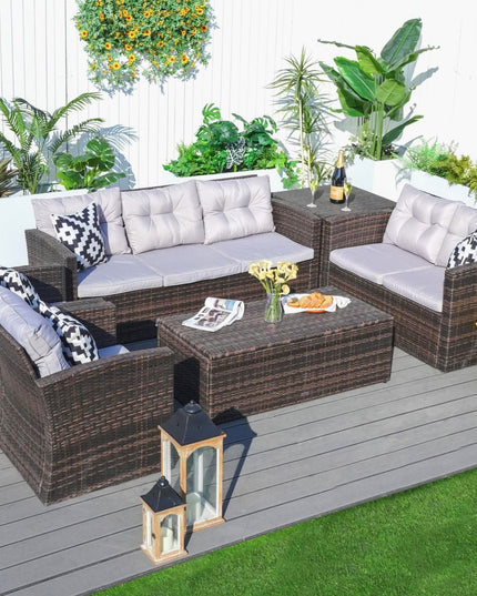 Six Piece Outdoor Brown Metal Sofa Seating Group With Cushions