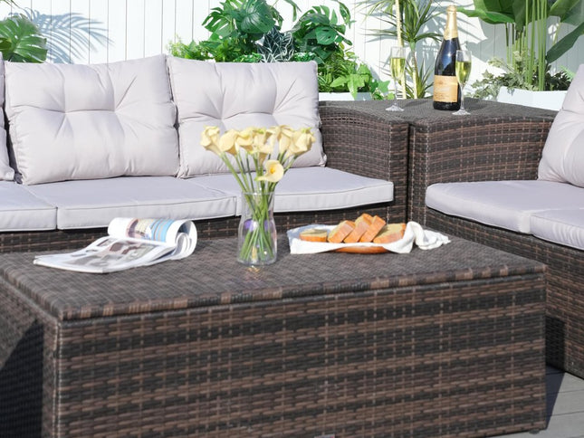 Six Piece Outdoor Brown Metal Sofa Seating Group With Cushions