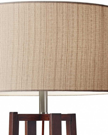 60" Brown Solid Wood Novelty Floor Lamp With Beige Fabric Drum Shade