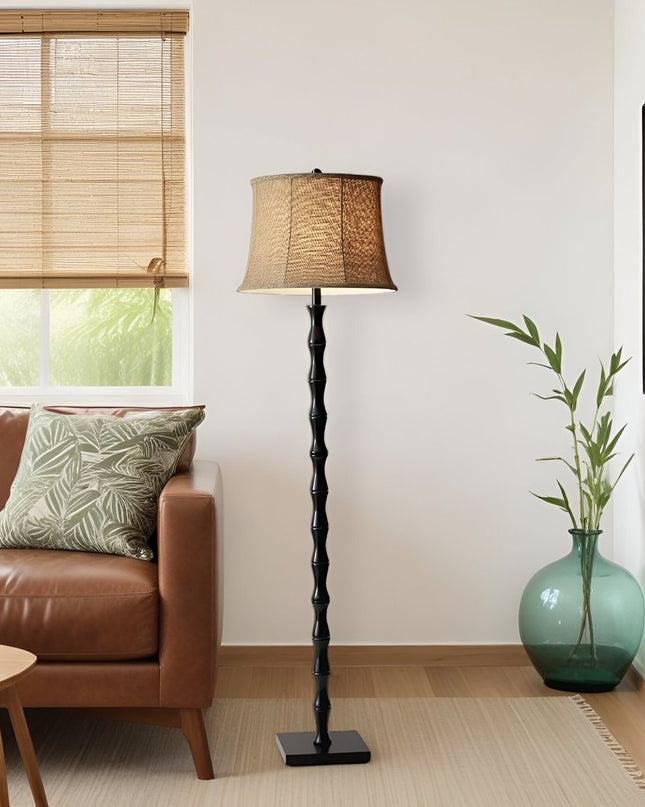 62" Brown And Black Floor Lamp With Beige Burlap Shade