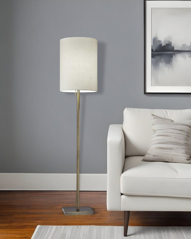 61" Brass Metal Floor Lamp With White Fabric Cylinder Shade