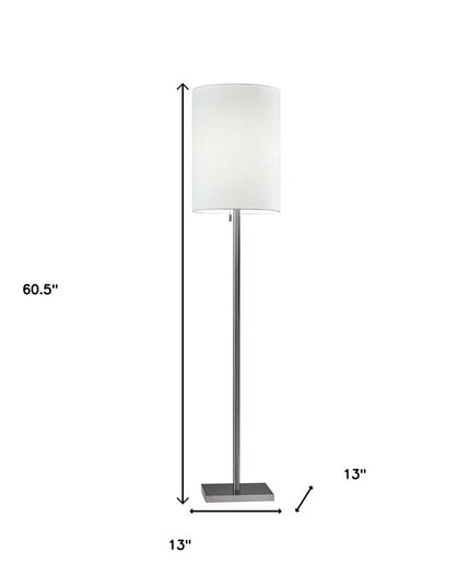 61" Brass Metal Floor Lamp With White Fabric Cylinder Shade