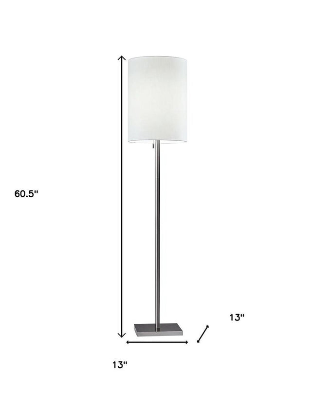 61" Brass Metal Floor Lamp With White Fabric Cylinder Shade