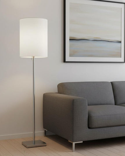 61" Brass Metal Floor Lamp With White Fabric Cylinder Shade