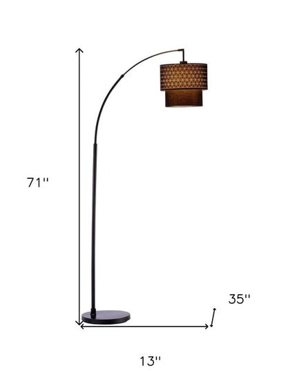 71" Brown And Black Arched Floor Lamp With Brown Fabric Drum Shade