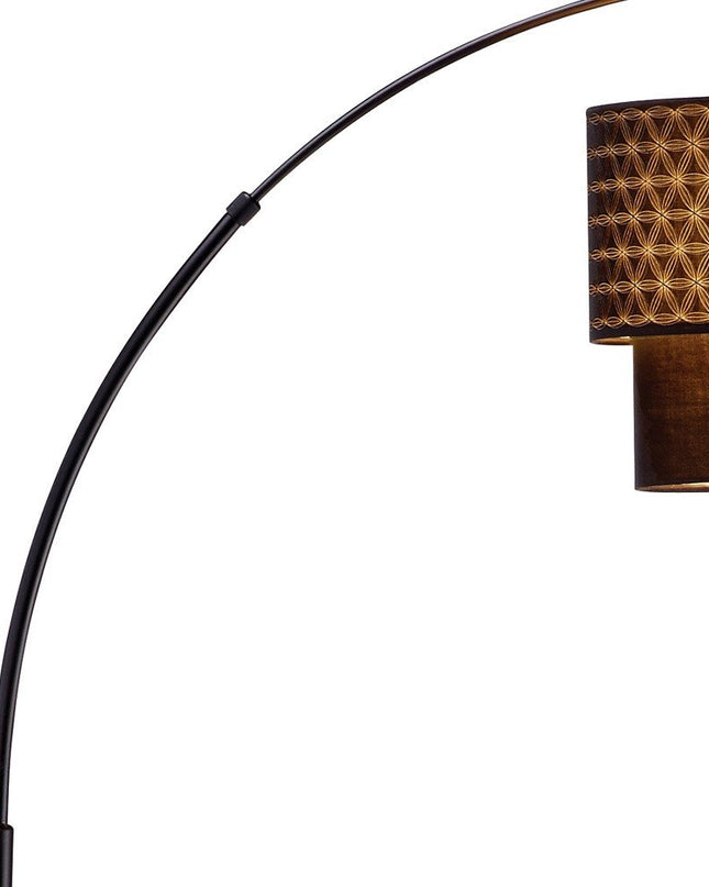 71" Brown And Black Arched Floor Lamp With Brown Fabric Drum Shade