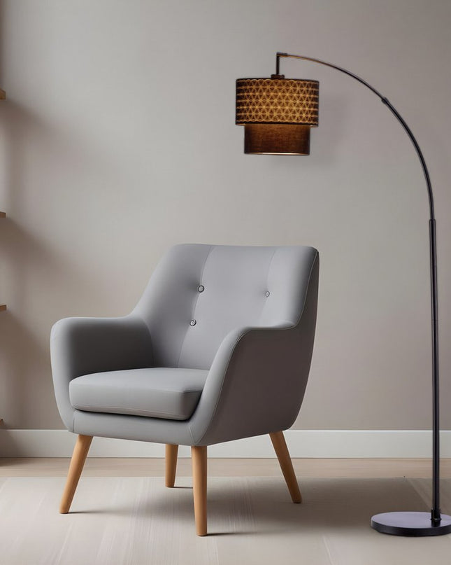 71" Brown And Black Arched Floor Lamp With Brown Fabric Drum Shade