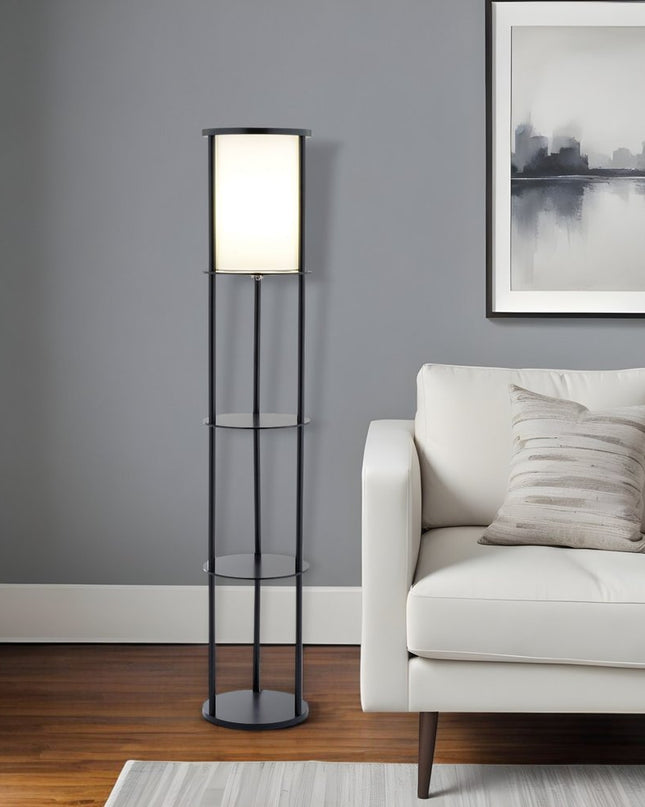 63" Black Wood Column Floor Lamp With White Fabric Cylinder Shade