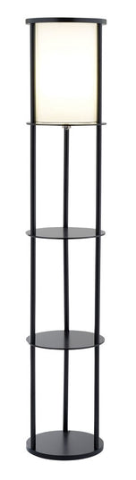 63" Black Wood Column Floor Lamp With White Fabric Cylinder Shade