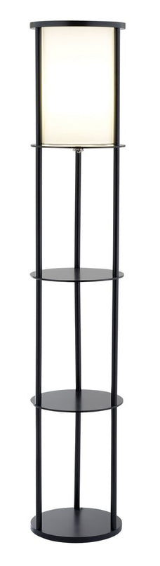 63" Black Wood Column Floor Lamp With White Fabric Cylinder Shade