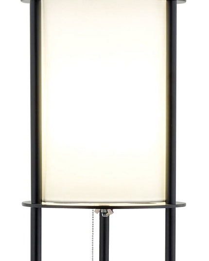 63" Black Wood Column Floor Lamp With White Fabric Cylinder Shade