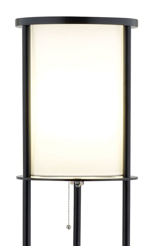 63" Black Wood Column Floor Lamp With White Fabric Cylinder Shade