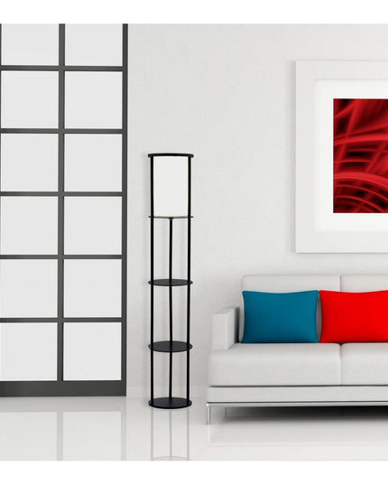 63" Black Wood Column Floor Lamp With White Fabric Cylinder Shade