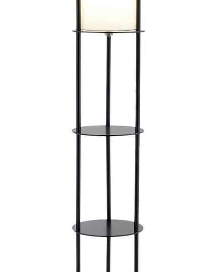 63" Black Wood Column Floor Lamp With White Fabric Cylinder Shade