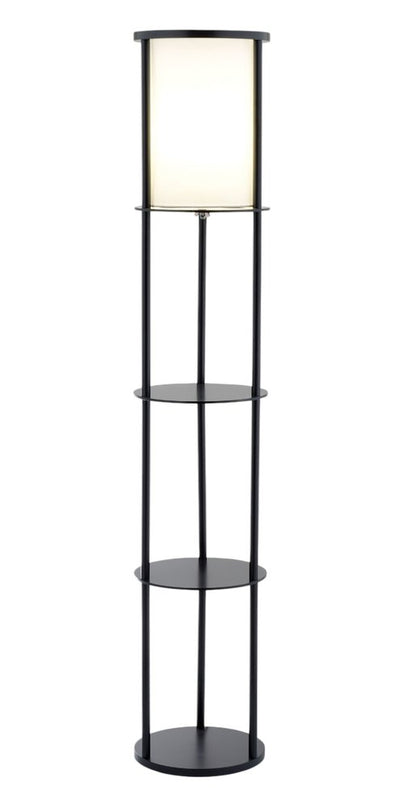 63" Black Wood Column Floor Lamp With White Fabric Cylinder Shade