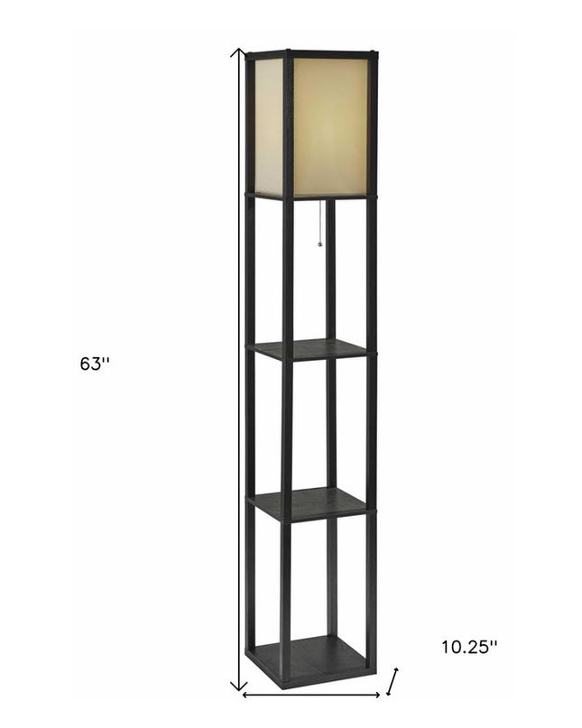 63" Black And White Solid Wood Column Floor Lamp With White Fabric Square Shade