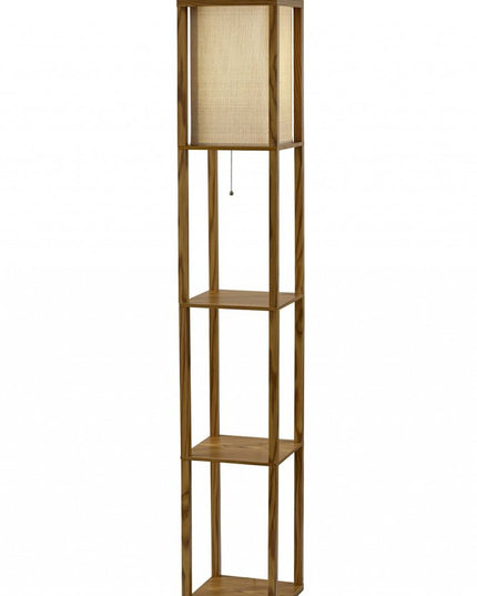 63" Black And White Solid Wood Column Floor Lamp With White Fabric Square Shade