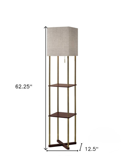 62" Brass Column Floor Lamp With Gray Fabric Square Shade