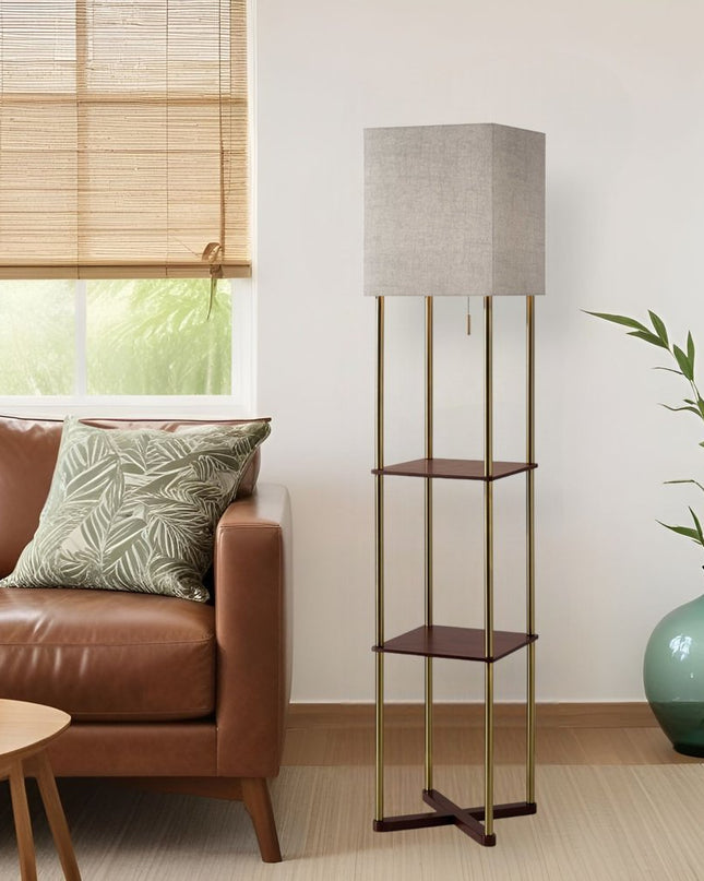 62" Brass Column Floor Lamp With Gray Fabric Square Shade