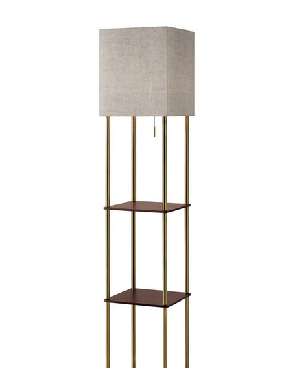 62" Brass Column Floor Lamp With Gray Fabric Square Shade