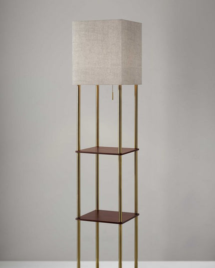 62" Brass Column Floor Lamp With Gray Fabric Square Shade