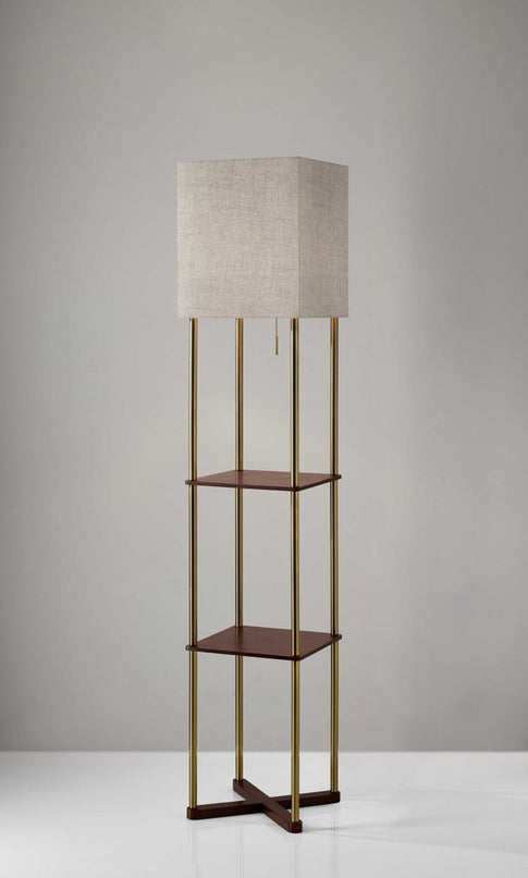 62" Brass Column Floor Lamp With Gray Fabric Square Shade