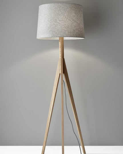 59" Natural Solid Wood Tripod Floor Lamp With Gray Fabric Empire Shade