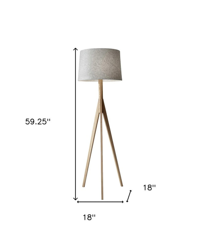 59" Natural Solid Wood Tripod Floor Lamp With Gray Fabric Empire Shade