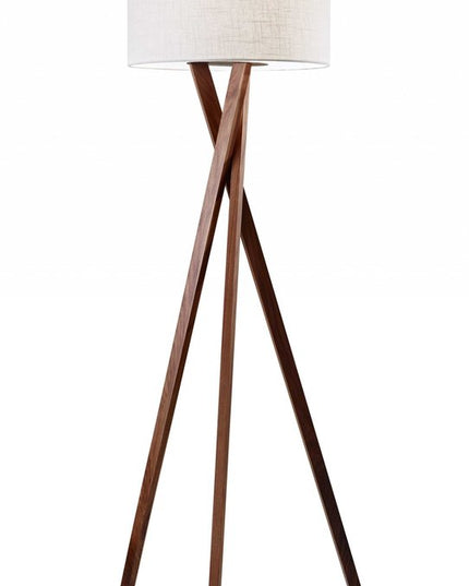 63" Brown And White Solid Wood Tripod Floor Lamp With White Linen Drum Shade