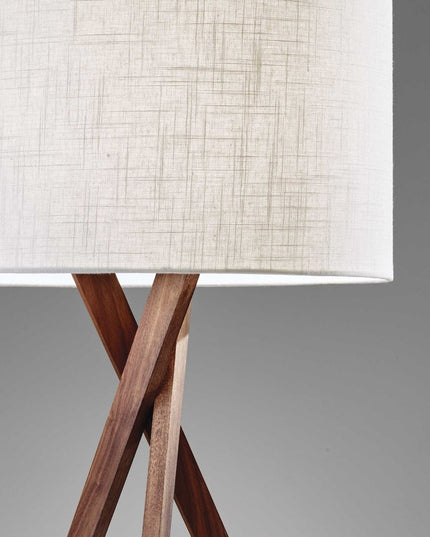 63" Brown And White Solid Wood Tripod Floor Lamp With White Linen Drum Shade