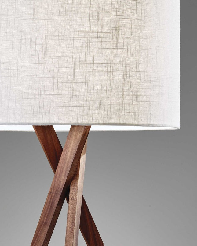 63" Brown And White Solid Wood Tripod Floor Lamp With White Linen Drum Shade