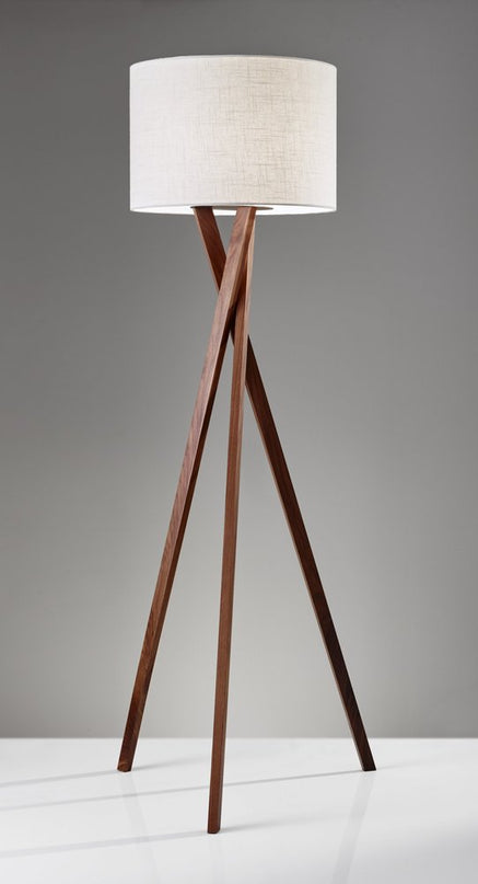 63" Brown And White Solid Wood Tripod Floor Lamp With White Linen Drum Shade