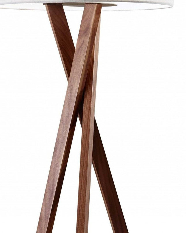 63" Brown And White Solid Wood Tripod Floor Lamp With White Linen Drum Shade