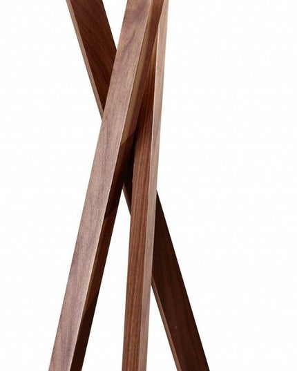 63" Brown And White Solid Wood Tripod Floor Lamp With White Linen Drum Shade