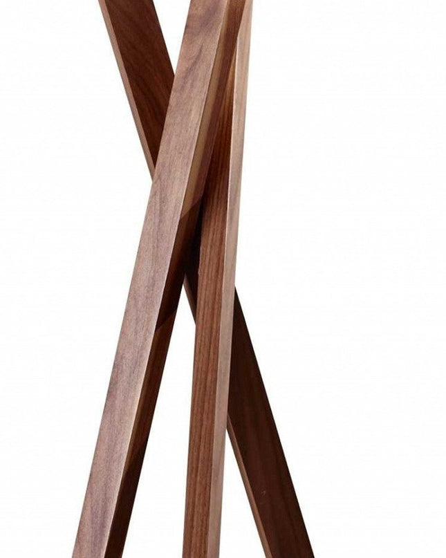 63" Brown And White Solid Wood Tripod Floor Lamp With White Linen Drum Shade