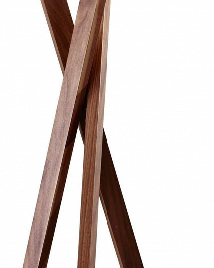 63" Brown And White Solid Wood Tripod Floor Lamp With White Linen Drum Shade