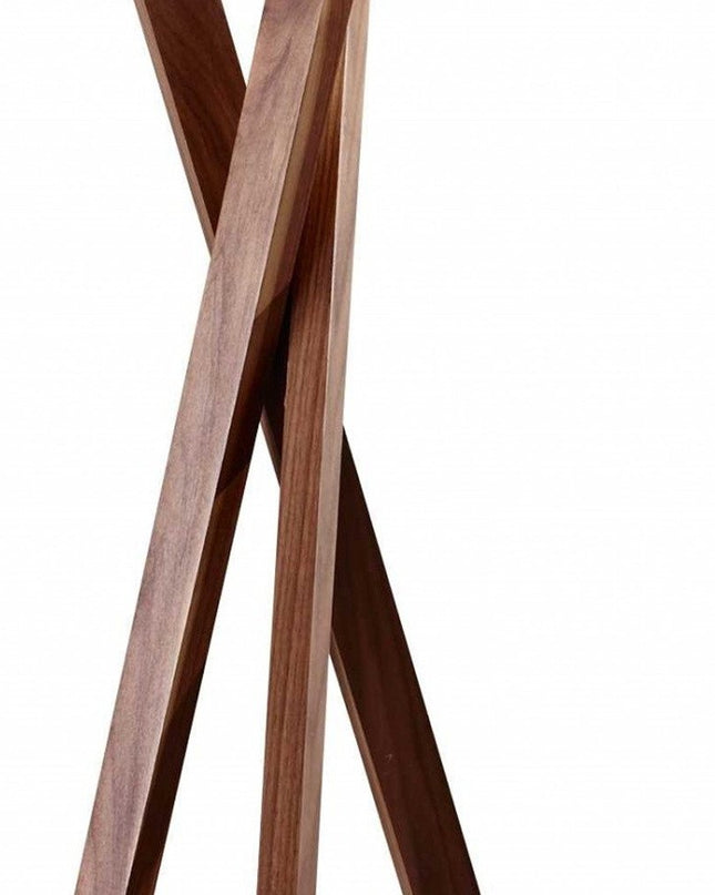 63" Brown And White Solid Wood Tripod Floor Lamp With White Linen Drum Shade