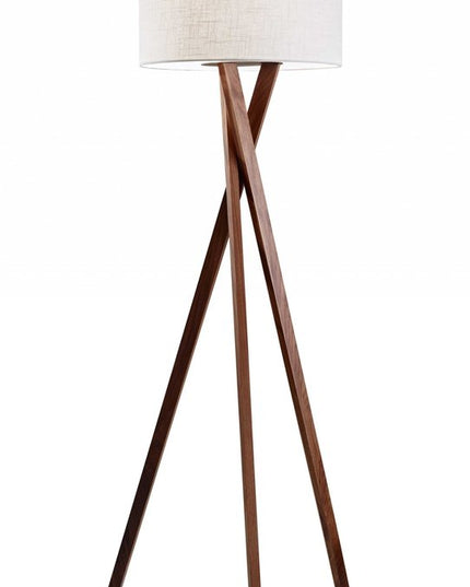 63" Brown And White Solid Wood Tripod Floor Lamp With White Linen Drum Shade