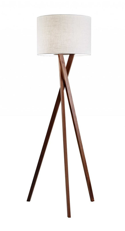 63" Brown And White Solid Wood Tripod Floor Lamp With White Linen Drum Shade