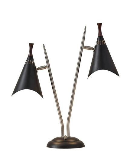 22" Black and Silver Metal Two Light Desk Lamp With Black Cone Shades