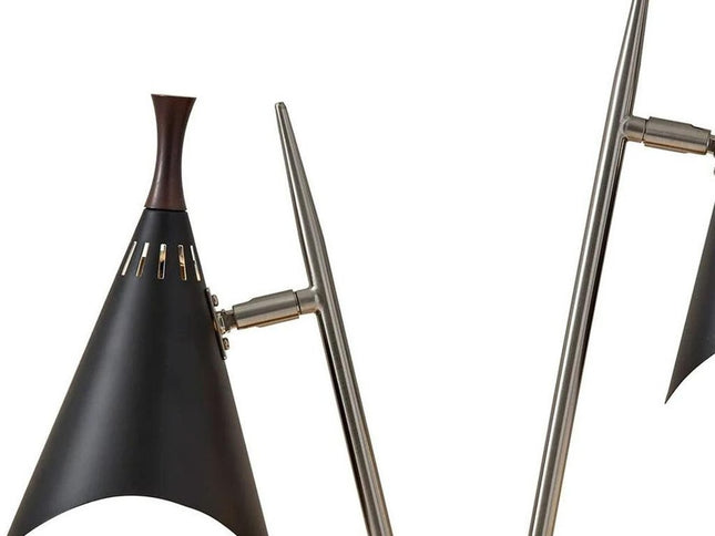 22" Black and Silver Metal Two Light Desk Lamp With Black Cone Shades