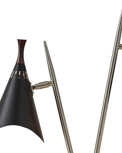 22" Black and Silver Metal Two Light Desk Lamp With Black Cone Shades