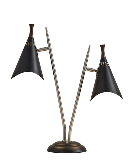 22" Black and Silver Metal Two Light Desk Lamp With Black Cone Shades