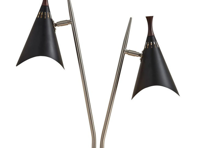 22" Black and Silver Metal Two Light Desk Lamp With Black Cone Shades